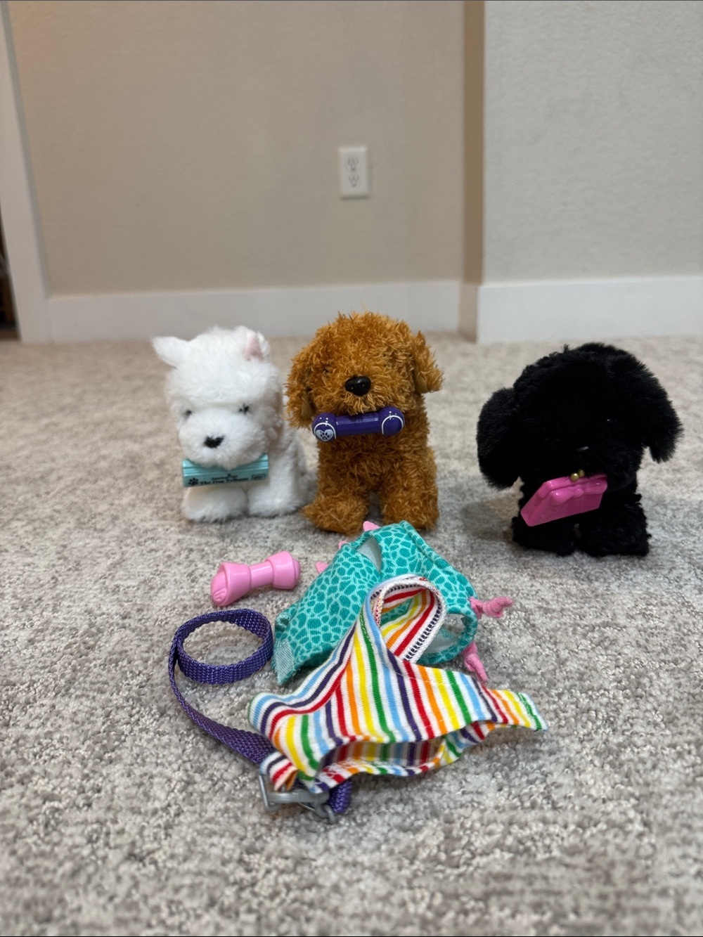 American Girl Plush Puppy Trio - White, Brown, Black with Colorful Accessories